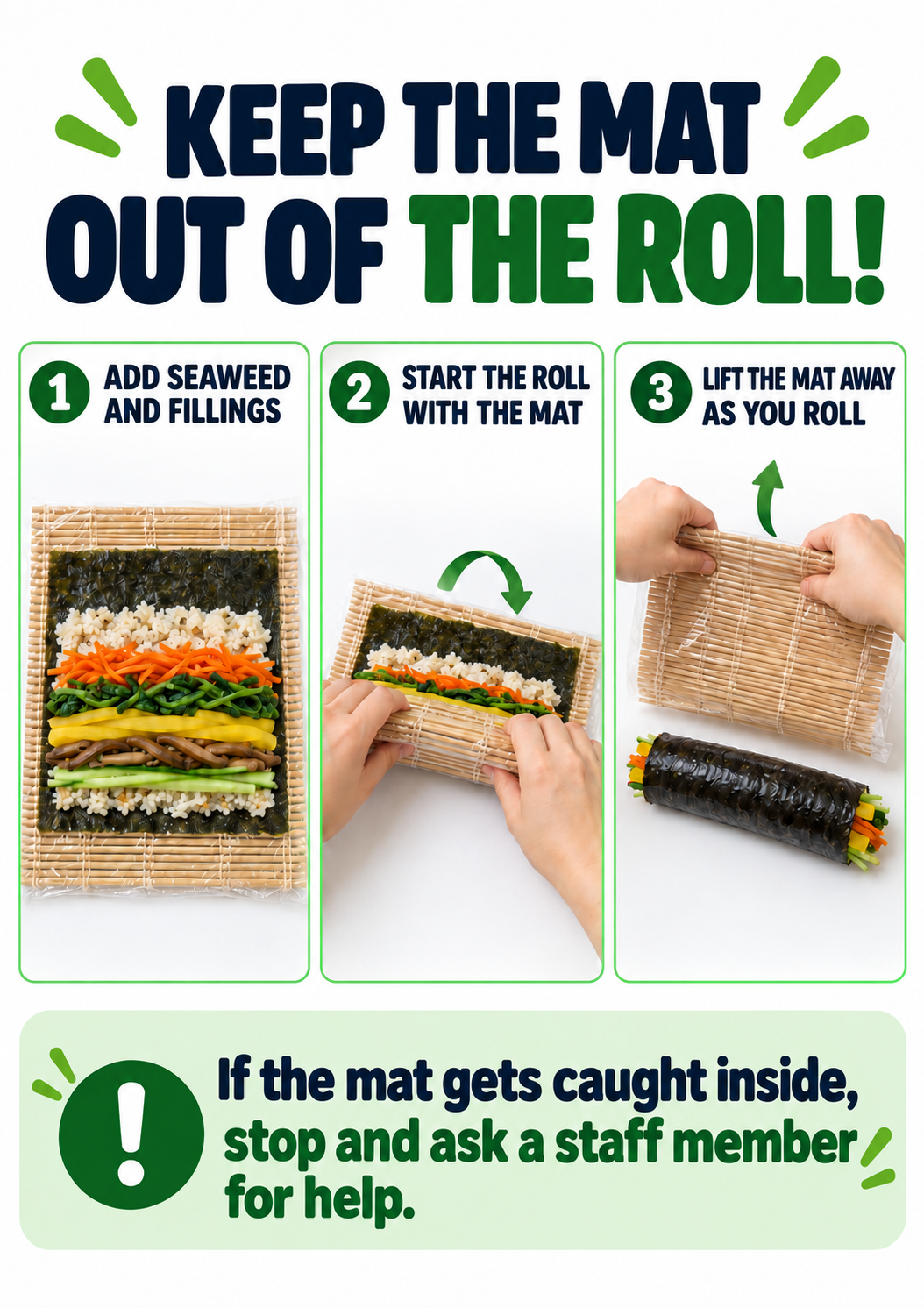 김발 위에 김과 재료 올리기, 김발로 말기, 말면서 김발 분리하기 / Add fillings, roll, lift the mat away